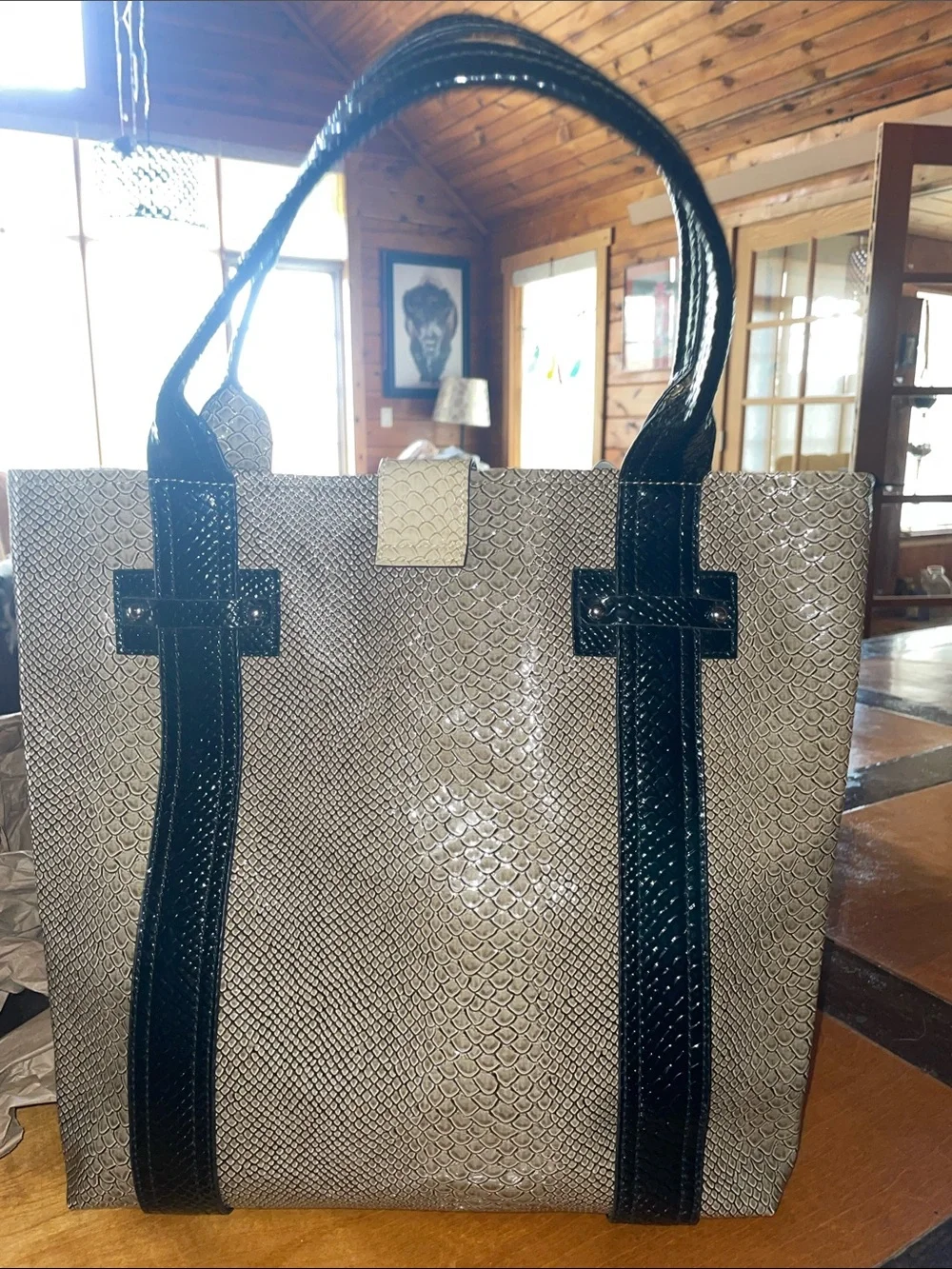 NEW GUESS Black and Cream Faux-Snakeskin Tote Bag with Decorative Buckle